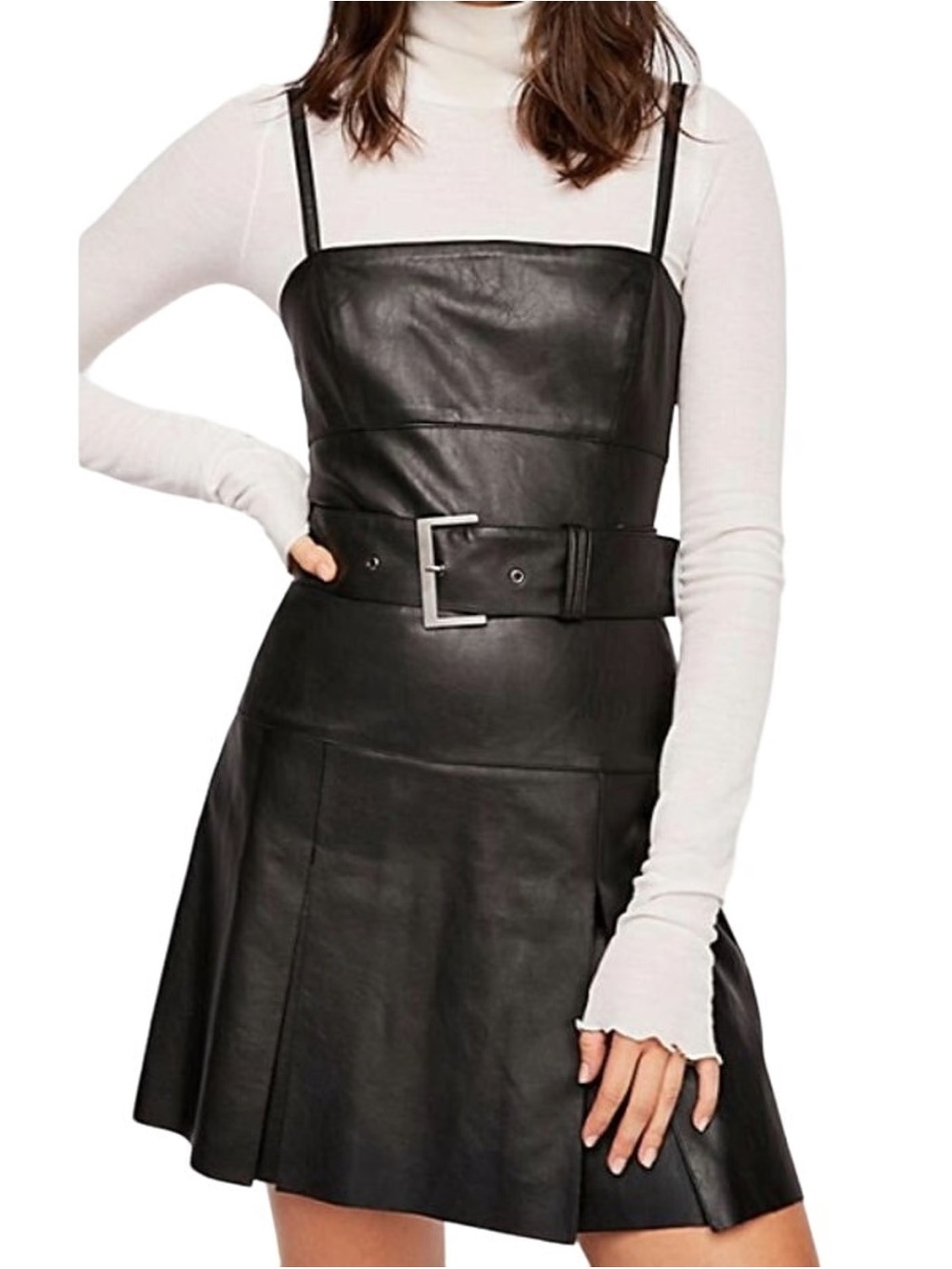 Free People Black Faux Leather Mini Dress with Belt Detail- New with tags